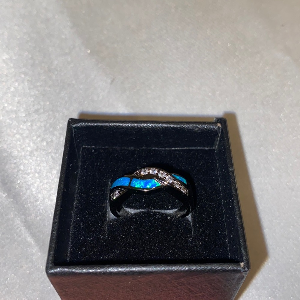 Black Tungsten Steel Opal and CZ Diamond Ring